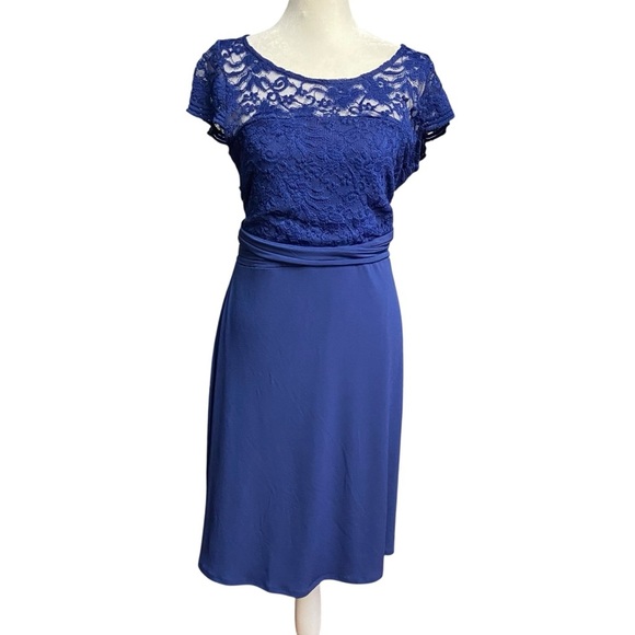 Motherhood Maternity Cap Sleeve Lace Inlet Dress Size M Royal Blue Back Tie - Picture 1 of 13